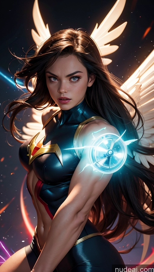 ai nude image of a woman in a black leather outfit with wings and a glowing halo pics of Busty Muscular Abs Captain Planet Superhero Power Rangers Hawkgirl Mary Thunderbolt Spider-Gwen Batwoman Powering Up Surrealist Bodybuilder Dynamic View