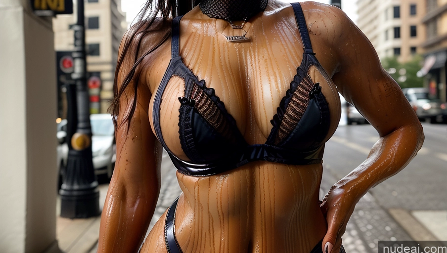 ai nude image of araffe woman in a black bikini and black bra top standing on a city street pics of Beautiful Muscular Lingerie Model Oiled Body Hourglass Tall Big Ass 20s Black Hair Bangs Thai Dark Fantasy Close-up View Fishnet Goth Choker Detailed Suit Dominatrix Jewelry Street