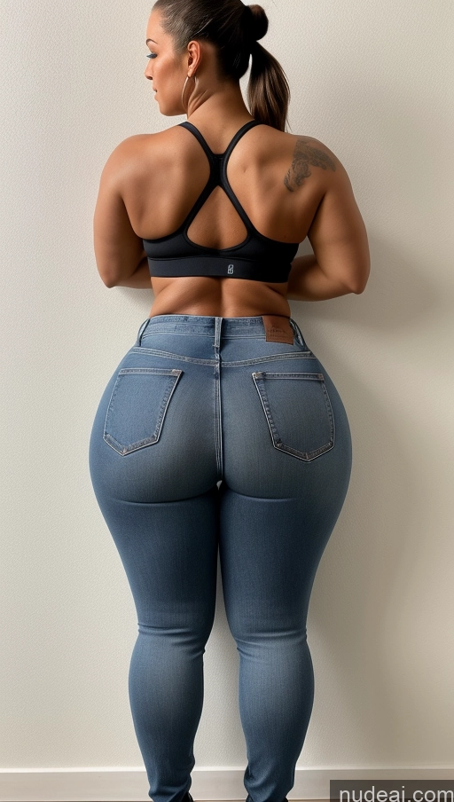 ai nude image of araffe woman in jeans and a bra top leaning against a wall pics of Athlete Big Ass Big Hips Jeans Ponytail