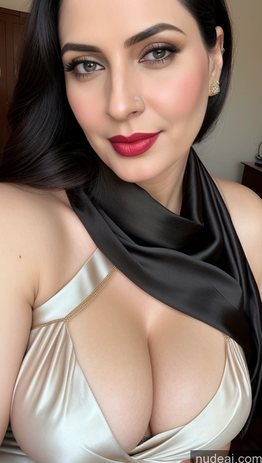 ai nude image of arafed woman with a black scarf and a white dress pics of Woman Fairer Skin Black Hair Close-up View Lipstick One Busty Perfect Boobs Sari Beautiful Blouse Slicked Indian 40s Cleavage