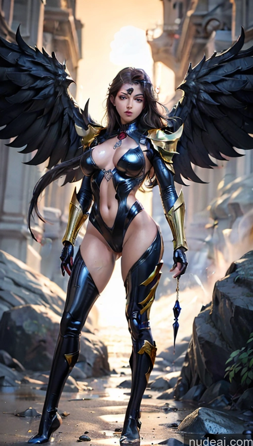 ai nude image of arafed woman in a black and gold outfit posing in a rocky area pics of Bodybuilder Several Busty Muscular Abs Egyptian Fantasy Armor Black Cat Powering Up Dynamic View Gold Jewelry Surrealist Has Wings Superhero Mech Suit Sci-fi Armor