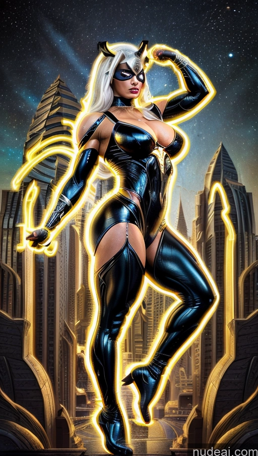 ai nude image of a close up of a woman in a cat suit with a city in the background pics of Bodybuilder Busty Muscular Abs Egyptian Black Cat Powering Up Surrealist Has Wings Superhero Regal Space Neon Lights Clothes: Yellow