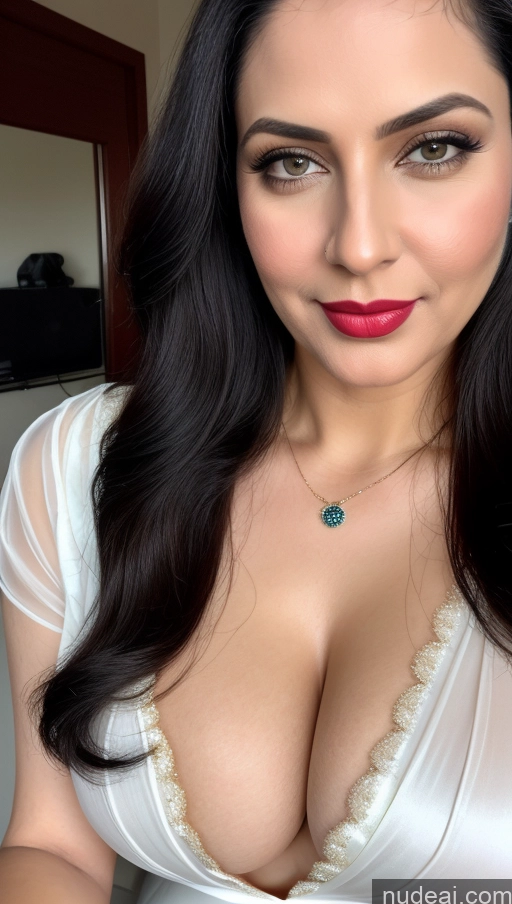 ai nude image of araffed woman with big breast wearing a white dress and red lipstick pics of Woman One Beautiful Lipstick Fairer Skin 40s Black Hair Slicked Close-up View Detailed Blouse Sari Busty Perfect Boobs Indian Cleavage