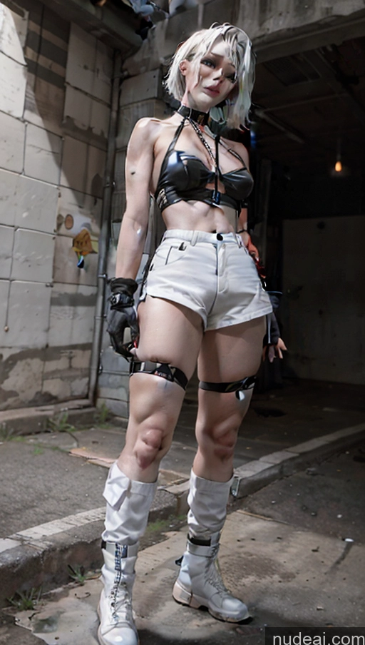 Woman Perfect Body Tall Muscular Perfect Boobs 20s White Hair Long Hair Japanese Cleavage Urban Samurai V2 Stockings Short Shorts Choker Crop Top Close-up View Gloves Prison Detailed