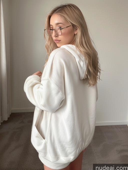 ai nude image of arafed woman in a white hoodie and glasses standing in a room pics of Woman Small Tits Small Ass Fairer Skin 18 Blonde Long Hair Japanese Oversized Sweater/Hoodie Oversized Clothing Jacket Thin Round Glasses