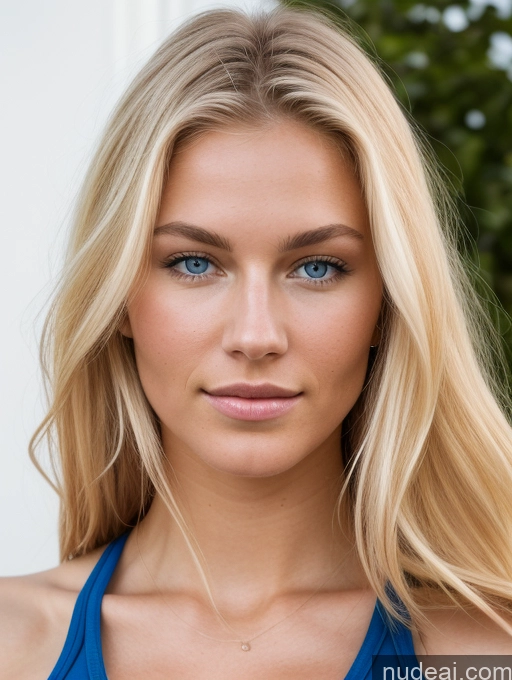 ai nude image of blond woman with blue eyes and a blue top posing for a picture pics of Woman 18 Perfect Body Sexy Face Blonde Scandinavian Skin Detail (beta) Tank Top