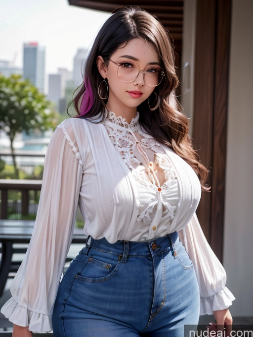 Woman Busty Beautiful Chubby Singapore Thin Round Glasses Proper Attire | Chic Tops Jeans Bright Lighting Dark Lighting Detailed