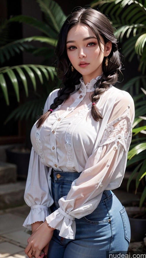 ai nude image of araffe woman in a white blouse and jeans posing for a picture pics of Woman Busty Beautiful Chubby Singapore Proper Attire | Chic Tops Jeans Bright Lighting Dark Lighting Detailed High Heels Braided