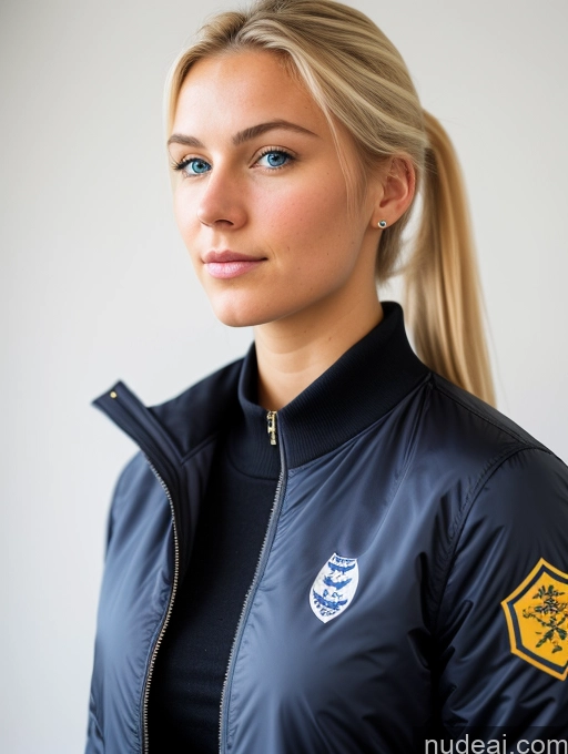 ai nude image of blond woman with blue eyes and a black jacket with a badge on it pics of Woman 18 Blonde Scandinavian Bomber Front View Ponytail