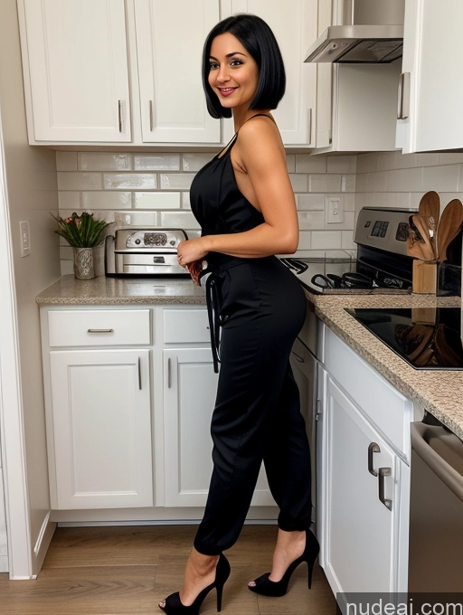 ai nude image of there is a woman standing in a kitchen with a stove pics of Woman One Small Tits Small Ass 30s Sexy Face Black Hair Kitchen Front View Bobcut British High Heels Jumpsuit