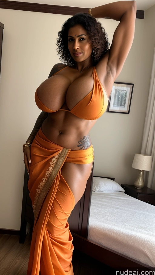 ai nude image of araffe woman in orange sari posing in a bedroom pics of Bodybuilder Busty Huge Boobs Beautiful Tattoos Muscular Big Ass Abs Thick Tall Dark Skin 50s Sexy Face Seductive Ginger Indian Bedroom Front View T-pose Sari Detailed