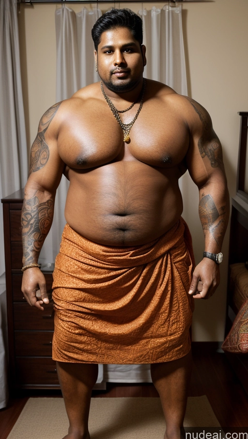 ai nude image of arafed man in a towel standing in a bedroom with a bed pics of Bodybuilder Busty Huge Boobs Beautiful Tattoos Muscular Big Ass Thick Tall Dark Skin 50s Sexy Face Seductive Indian T-pose Detailed Bedroom Ginger Fat Front View Sari