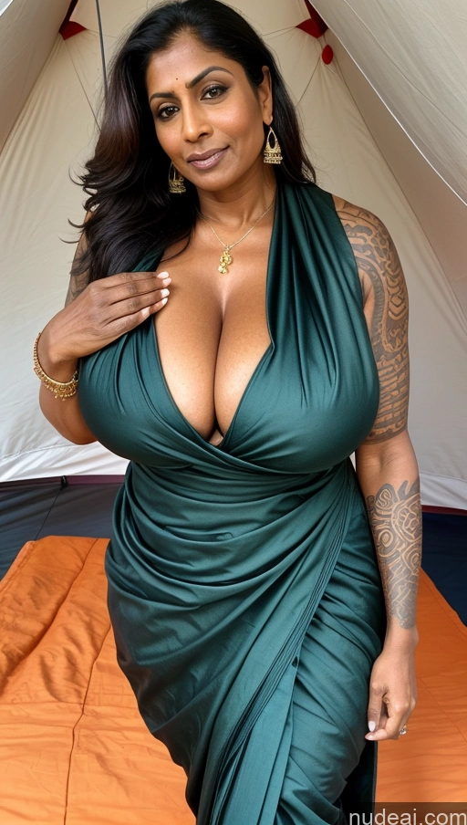 ai nude image of there is a woman in a green dress posing for a picture pics of Busty Huge Boobs Beautiful Tattoos Muscular Big Ass Thick Tall Dark Skin 50s Sexy Face Seductive Indian Detailed Ginger Abs Milf Tent Front View T-pose Sari