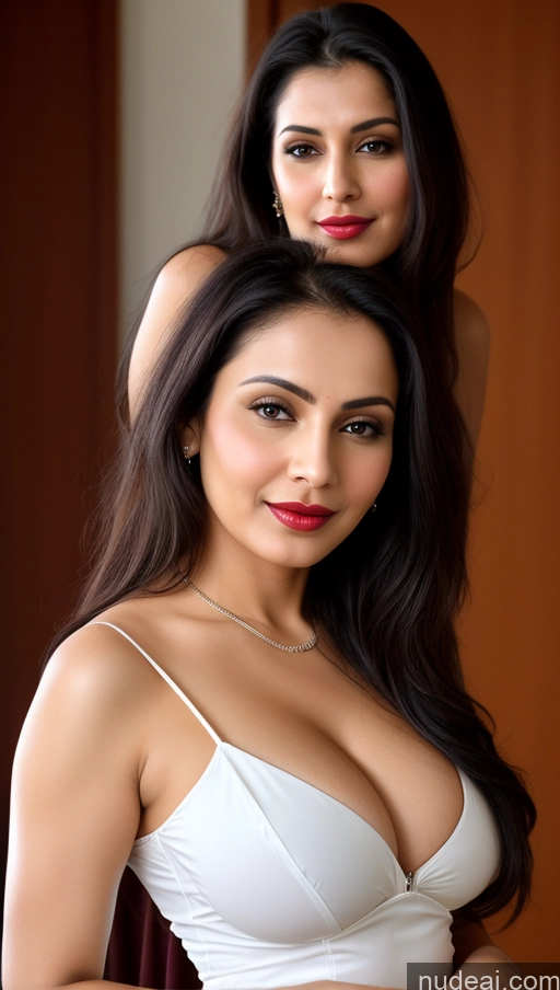 ai nude image of there are two women posing for a picture in a white bra top pics of Woman One Busty Perfect Boobs Beautiful Lipstick Fairer Skin Black Hair Slicked Indian Close-up View Detailed Blouse Sari Topless Cleavage Thick 40s