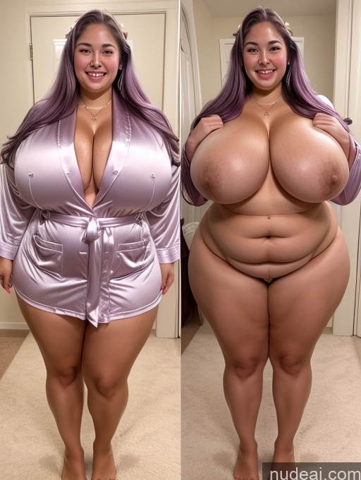 ai nude image of arafed woman in a shiny purple robe and a fat woman in a shiny purple robe pics of Sorority Busty Huge Boobs Beautiful Thick Chubby Fat 30s Happy Purple Hair Long Hair Filipina Bathrobe Satin Pearl Jewelry Jewelry Cleavage Onoff