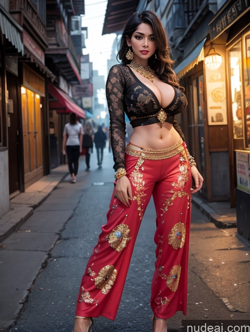 ai nude image of araffe woman in a black top and red pants posing for a picture pics of Woman Busty Beautiful Indian Blouse Harem Pants Street Detailed Bright Lighting Dark Lighting High Heels