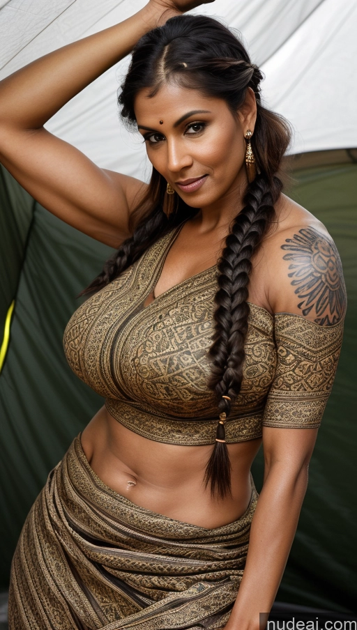 ai nude image of there is a woman with a very large breast and a very long skirt pics of Milf Huge Boobs Beautiful Tattoos Muscular Big Ass Thick Tall Dark Skin 50s Seductive Indian Tent Sexy Face Braided Blouse Sari Dark Lighting Ginger Jumping Front View Abs