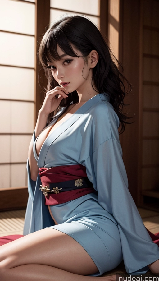 ai nude image of araffe asian woman in blue dress sitting on the floor pics of Woman One Small Tits Big Ass Chubby Fat Long Legs Short Big Hips 20s Serious Black Hair Bangs Japanese Skin Detail (beta) Onsen Front View T-pose Kimono Detailed