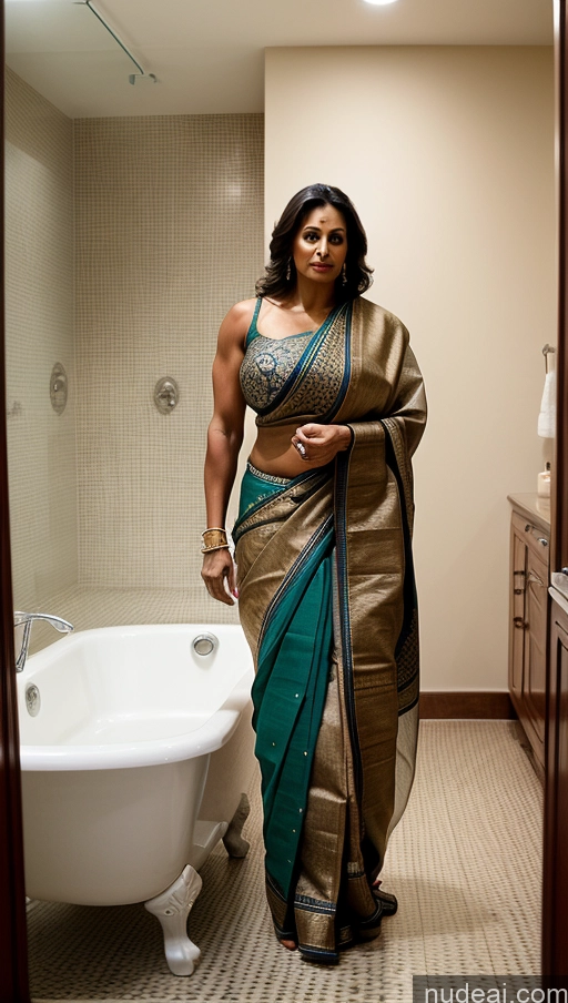 ai nude image of there is a woman in a sari standing in a bathroom pics of Milf Huge Boobs Beautiful Big Ass Tall Dark Skin Seductive Indian Sexy Face 50s Muscular Tattoos Thick Jumping Front View Brunette Sari Bathroom Abs