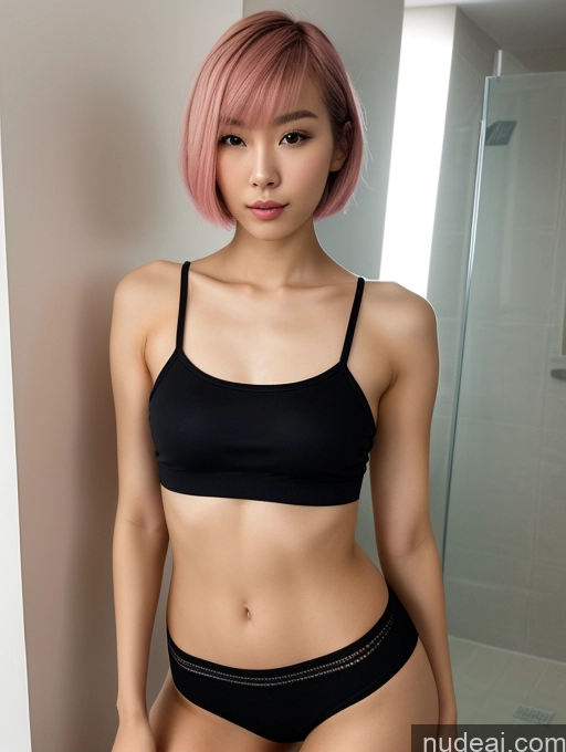 related ai porn images free for Model One Skinny Beautiful 18 Sexy Face Pink Hair Chinese Bathroom Dark Lighting Cyberpunk Short Hair Front View Short Shorts