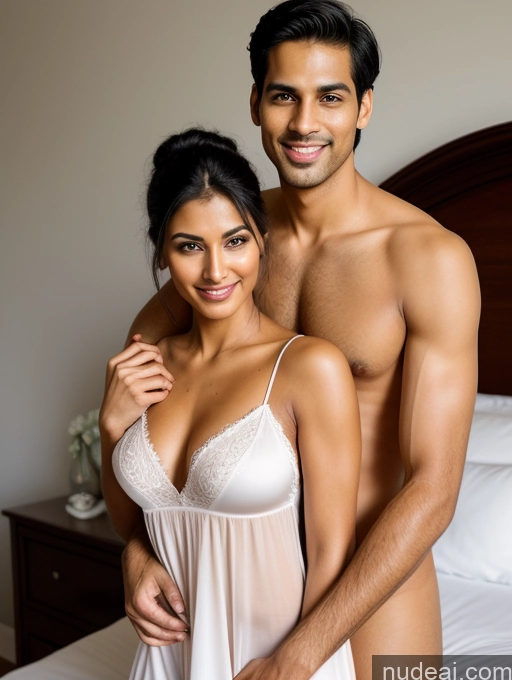 ai nude image of they are posing for a picture in a hotel room pics of Perfect Boobs Beautiful Big Ass Perfect Body 30s Happy Seductive Black Hair Indian Bedroom Front View Woman + Man Tall Sexy Face Hair Bun Chemise Skin Detail (beta) Nightgown Two Jeans