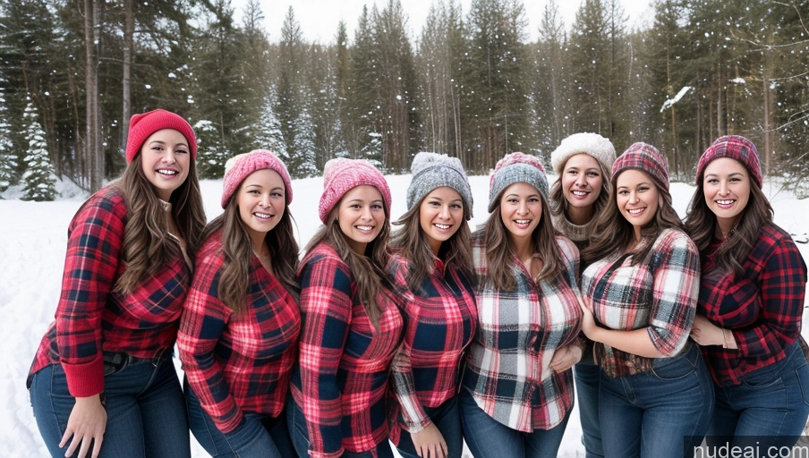 ai nude image of arafed group of women in plaid shirts and hats posing for a picture pics of Model Skinny Busty Huge Boobs Pubic Hair Happy Several 30s Lumberjack