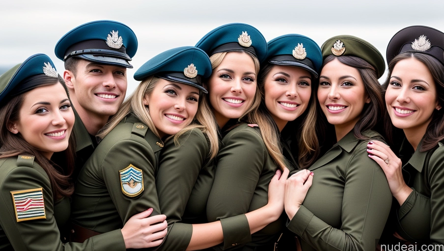 ai nude image of arafed group of women in military uniforms posing for a picture pics of Model Skinny Busty Huge Boobs Pubic Hair Happy Several 30s Military