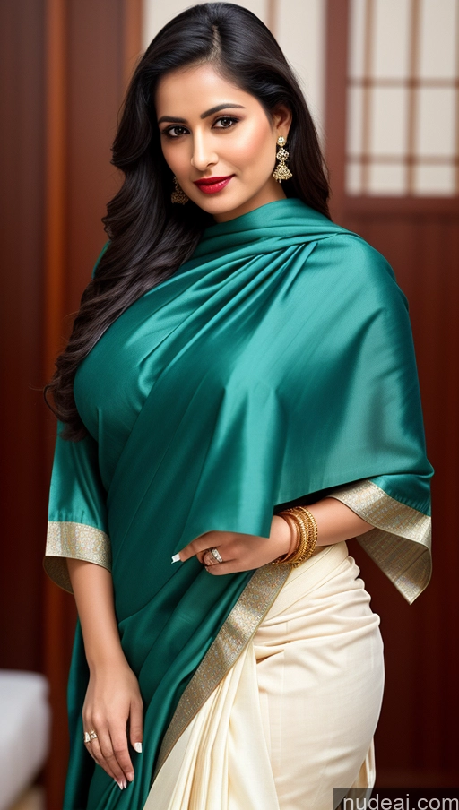 ai nude image of arafed woman in a green and white sari posing for a picture pics of Woman One Busty Perfect Boobs Beautiful Lipstick Fairer Skin 40s Black Hair Slicked Indian Close-up View Sari Topless Detailed Thick Blouse Traditional