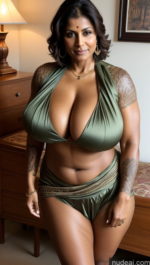 ai nude image of arafed woman in a green bikini posing for a picture pics of Milf Busty Huge Boobs Beautiful Tattoos Muscular Big Ass Thick Tall Dark Skin 50s Seductive Indian Sexy Face Pixie Blouse Sari Abs T-pose Brunette Bedroom Front View