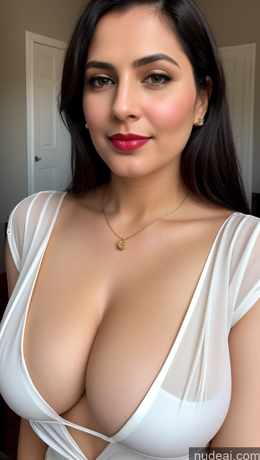 ai nude image of araffed woman with big breast posing for a picture pics of Woman One Lipstick Fairer Skin Black Hair Close-up View Beautiful Busty Perfect Boobs Thick 40s Indian Blouse Sari Slicked Cleavage Detailed Partially Nude