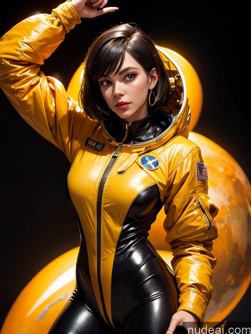 ai nude image of arafed woman in a yellow space suit posing for a picture pics of Powering Up Dark Lighting Gold Jewelry Pilot Space Suit 60s Dynamic View Superheroine Science Fiction Style Bobcut