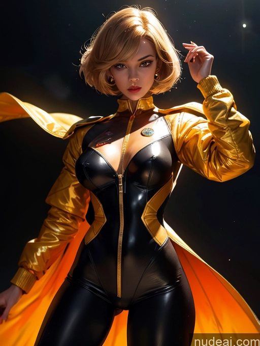 ai nude image of araffe woman in a black and gold outfit posing for a picture pics of Powering Up Dark Lighting Gold Jewelry Pilot Space Suit 60s Dynamic View Superheroine Science Fiction Style Bobcut Ginger Nigerian