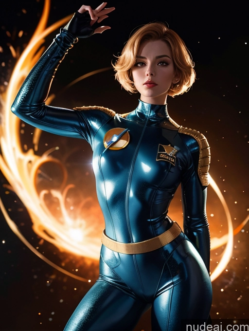 ai nude image of arafed woman in a blue suit with a gold ring around her neck pics of Powering Up Dark Lighting Gold Jewelry Pilot Space Suit 60s Dynamic View Superheroine Science Fiction Style Bobcut Ginger Nigerian Sci-fi Armor