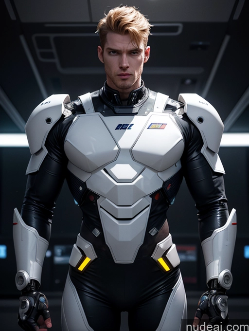 ai nude image of arafed man in a futuristic suit standing in a dark room pics of Powering Up Dark Lighting Pilot Space Suit Dynamic View Science Fiction Style Ginger Sci-fi Armor Muscular Abs Thick Tall Perfect Body Black Cyborg