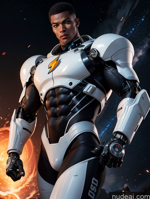 ai nude image of there is a man in a suit standing in front of a star pics of Dark Lighting Pilot Space Suit Dynamic View Science Fiction Style Sci-fi Armor Muscular Abs Thick Tall Perfect Body Black Cyborg Dark Skin Tanned Skin Jumping