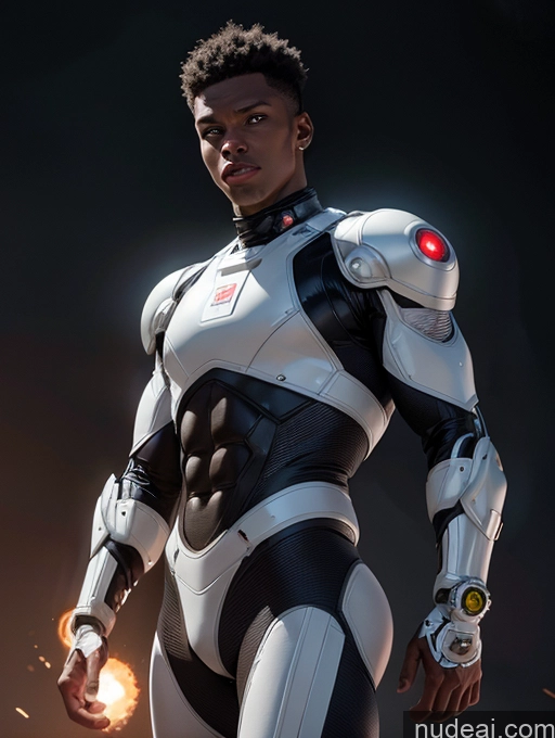 ai nude image of arafed male in a white and black suit with a red light pics of Dark Lighting Pilot Space Suit Dynamic View Science Fiction Style Sci-fi Armor Muscular Abs Thick Tall Perfect Body Black Cyborg Dark Skin Tanned Skin Jumping Alternative Jewelry