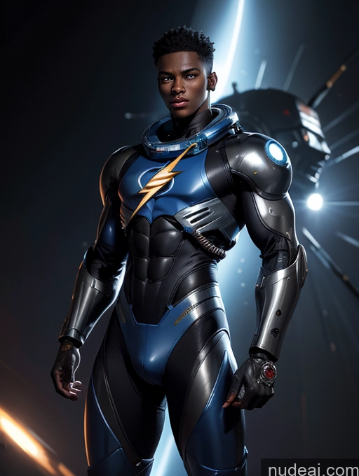 ai nude image of arafed man in a futuristic suit standing in front of a spaceship pics of Dark Lighting Pilot Space Suit Dynamic View Science Fiction Style Sci-fi Armor Muscular Abs Thick Tall Perfect Body Black Cyborg Dark Skin Tanned Skin Jumping Alternative Jewelry 18