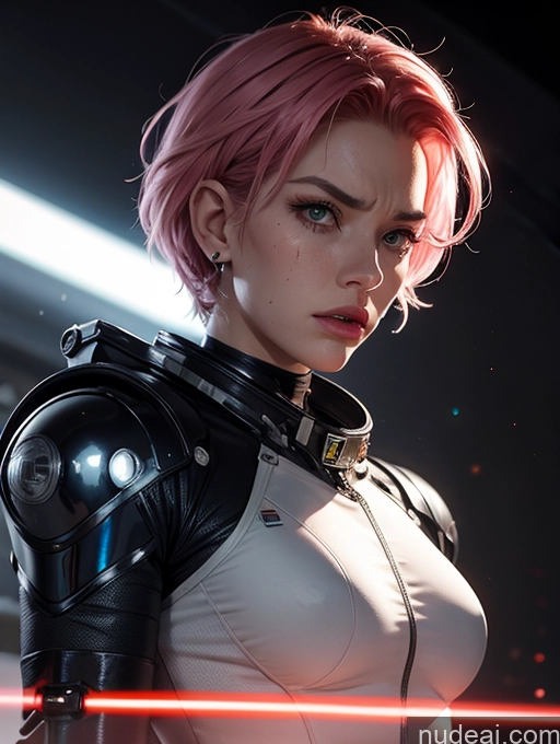 ai nude image of cyber woman with pink hair and a futuristic suit with a red light pics of Dark Lighting Pilot Space Suit Dynamic View Science Fiction Style Sci-fi Armor Muscular Abs Thick Tall Perfect Body Jumping Alternative Jewelry 18 Japanese Angry Pink Hair Pixie Cyborg Busty