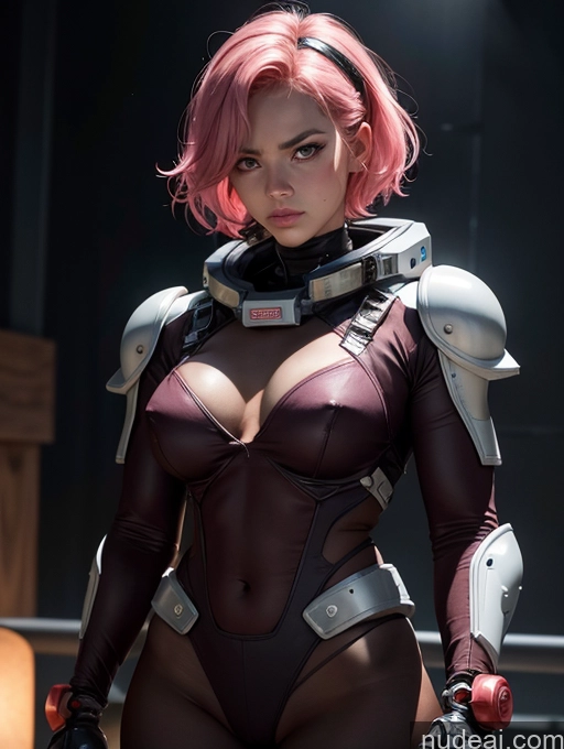 ai nude image of araffed woman in a futuristic suit with pink hair and armor pics of Dark Lighting Pilot Space Suit Dynamic View Sci-fi Armor Muscular Abs Thick Tall Perfect Body Jumping Alternative Jewelry 18 Japanese Angry Pink Hair Pixie Cyborg Busty