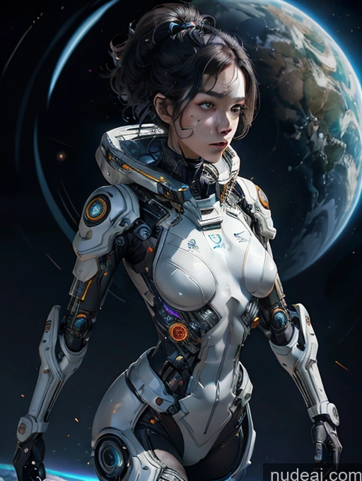 ai nude image of arafed woman in a futuristic suit standing in front of a planet pics of Dark Lighting Pilot Space Suit Dynamic View Sci-fi Armor Jumping 18 Skinny Small Tits Korean Made Of Fractals Cyborg Black Hair Bobcut