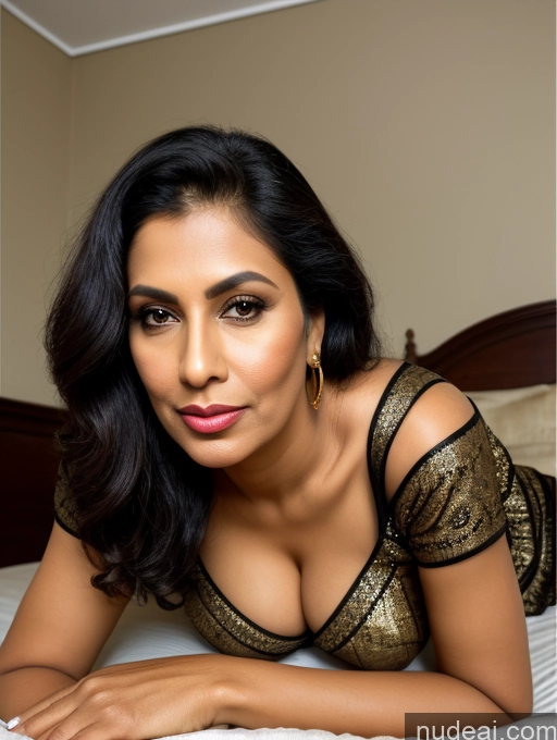 ai nude image of there is a woman laying on a bed with a gold dress pics of Milf One Busty Perfect Boobs Thick Big Hips Tall Pubic Hair 50s Pouting Lips Black Hair Straight Indian 3d Bedroom Front View Plank Gloves Fur Mesh Gold Jewelry Sari Blouse Leather