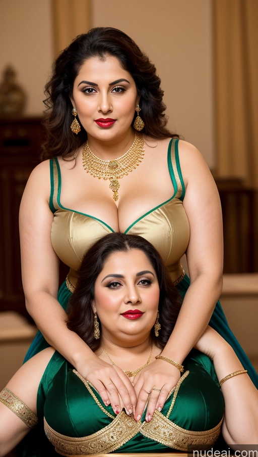 ai nude image of there are two women in green and gold outfits posing for a picture pics of Milf Busty Beautiful Lipstick Thick Chubby Fat Big Hips Fairer Skin 20s Brunette Long Hair Russian Party Front View Straddling Sari Blouse Dirndl Victorian Cleavage Gold Jewelry