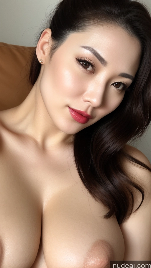 ai nude image of arafed asian woman with a big breast posing for a picture pics of Woman One Busty Perfect Boobs Beautiful Lipstick Fairer Skin 30s Black Hair Hair Bun Korean Close-up View Detailed