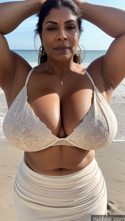 ai nude image of araffe woman in a white dress on the beach with her hands on her head pics of Milf Huge Boobs Beautiful Tattoos Muscular Big Ass Thick Tall Dark Skin Seductive Indian Sexy Face T-pose Blouse Long Skirt Close-up View 60s Chubby Ginger Straight Beach