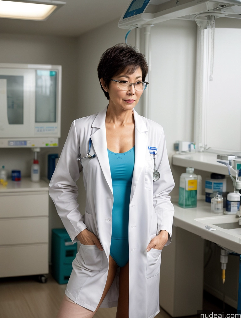 ai nude image of arafed woman in a lab coat standing in a room pics of Milf Two Perfect Body Perfect Boobs Beautiful Glasses Sexy Face Short Hair Chinese Hospital Doctor Bra Nurse Stylish Lab Coat Partially Nude Detailed 50s Dark Lighting