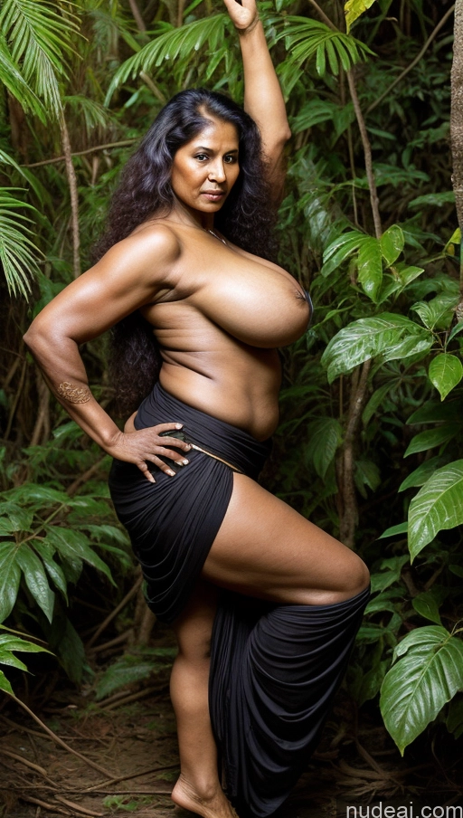 ai nude image of arafed woman posing in a black skirt in a jungle pics of Milf Huge Boobs Beautiful Muscular Big Ass Tall Seductive Indian Sexy Face Dark Lighting Dark Skin Long Hair Busty Tattoos Thick Jumping Ginger Jungle Fat Sari 70s Front View