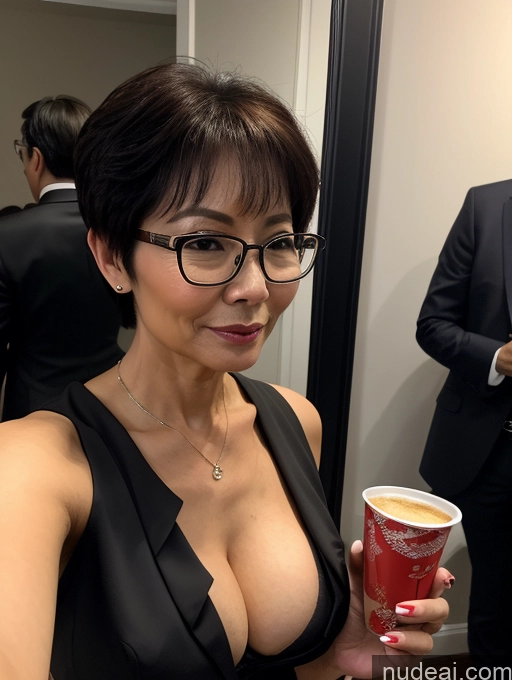 ai nude image of woman in black dress holding a cup of coffee in her hand pics of Milf Perfect Boobs Beautiful Glasses Perfect Body 50s Pixie Chinese Mirror Selfie Party Blouse Bra Jacket Suit Cleavage Dark Lighting Detailed