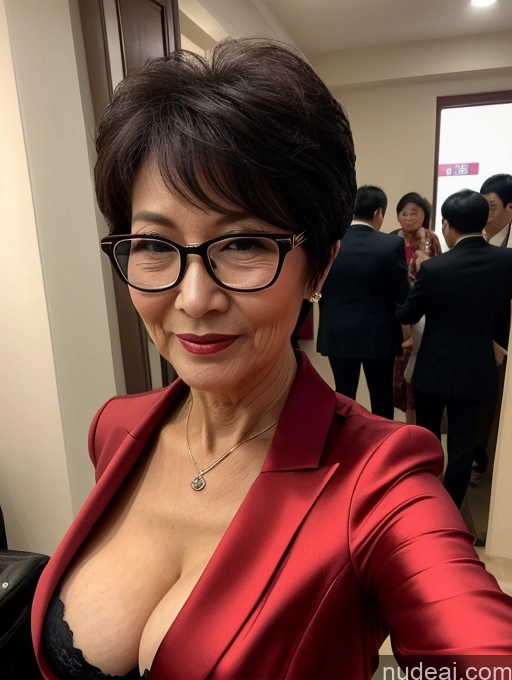 ai nude image of there is a woman in a red jacket and glasses taking a selfie pics of Milf Perfect Boobs Beautiful Glasses Perfect Body 70s Pixie Chinese Party Blouse Bra Jacket Stylish Suit Cleavage Dark Lighting Detailed