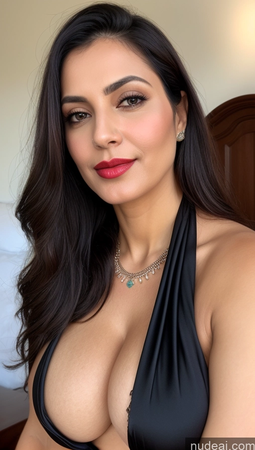 ai nude image of arafed woman in a black bikini posing for a picture pics of Woman One Busty Perfect Boobs Beautiful Lipstick Thick Fairer Skin 50s Black Hair Slicked Indian Close-up View Detailed Blouse Sari Topless Cleavage