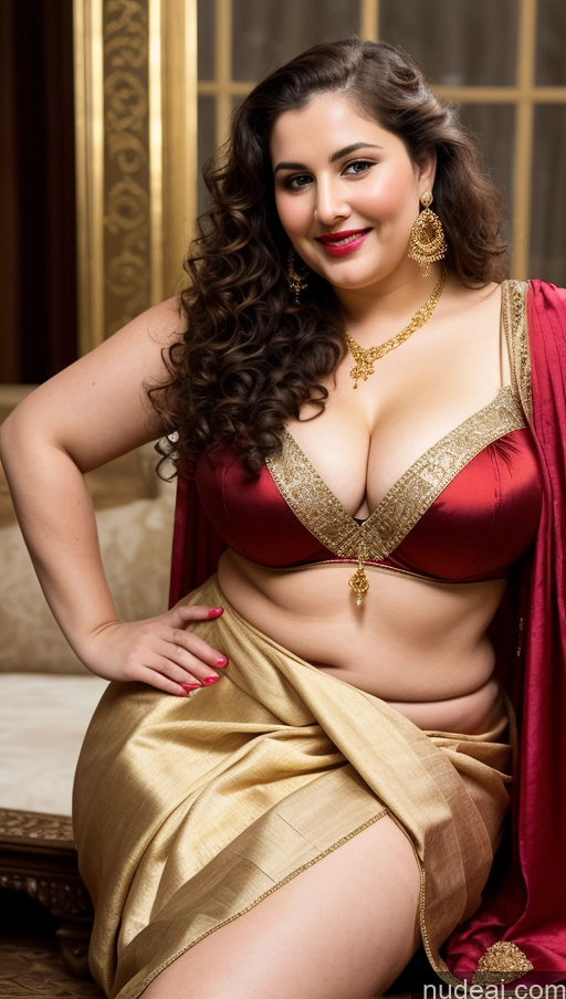 ai nude image of araffe woman in a red and gold sari posing for a picture pics of Milf Busty Beautiful Lipstick Fairer Skin 20s Happy Seductive Brunette Curly Hair Russian Party Front View Straddling Sari Blouse Dirndl Victorian Cleavage Gold Jewelry Chubby Fat Thick Big Hips